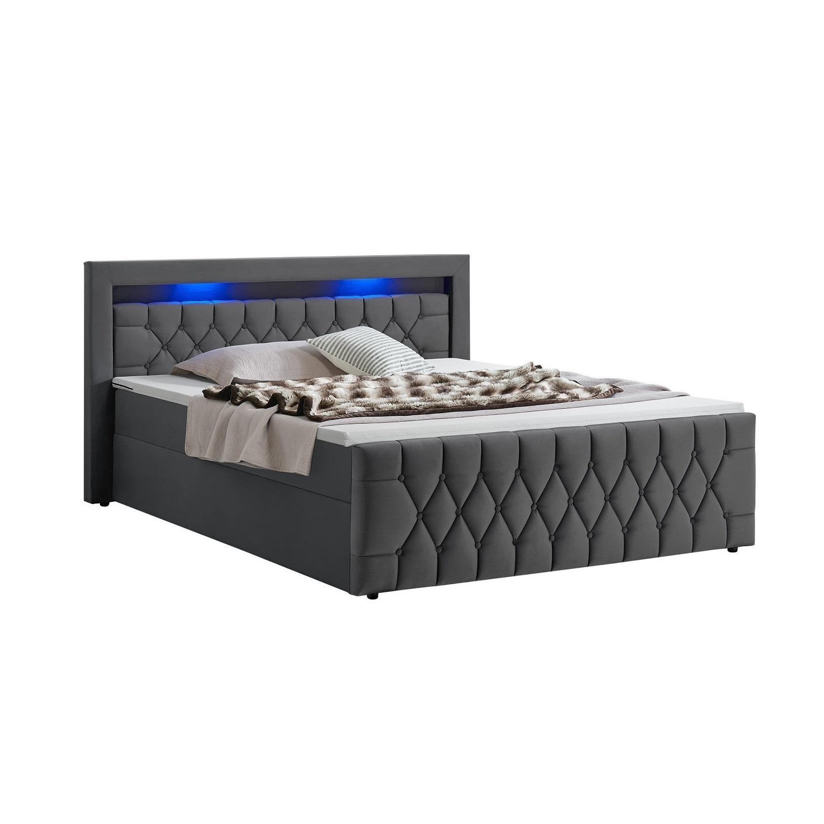 Juskys Boxspringbett Leona Samt 140x200 cm in Grau – mit LEDs, Topper & H4-Federkern-Matratzen