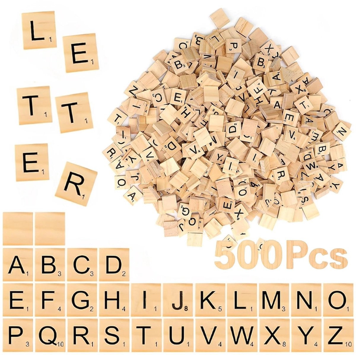 Dailygoods Scrabble Original - 500 houten letters en alfabet - Educatief houten spel