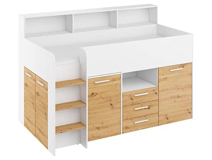 BIM Furniture Etagenbett NEO L Kindermöbel, Möbelset für EIN Kinderzimmer, EIN Bett mit Schreibtisch, Regalen, Schubladen: Linke Seite (weiß/Artisan Eiche)