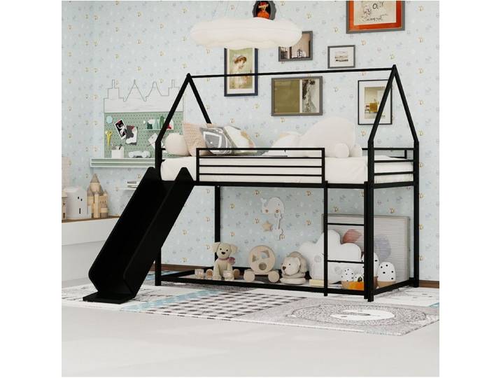 ULEVR Lit superposé enfant 90 x 190 cm avec toboggan lit cabane en métal noir 2 places
