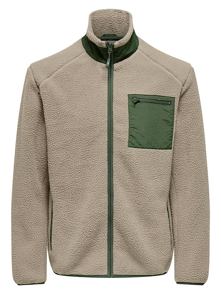 ONLY & SONS Fleecejacke "Dallas" in Beige/ Grün - S