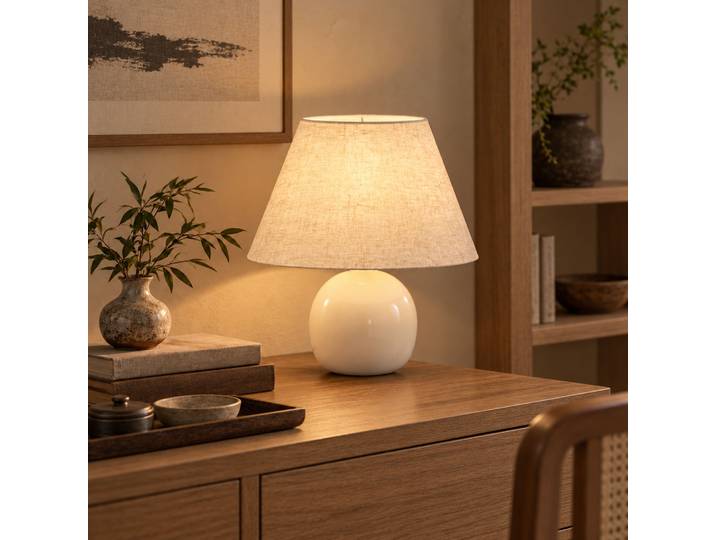 HOMCOM Lampe Vintage Céramique Abat-jour Lin Interrupteur Crème