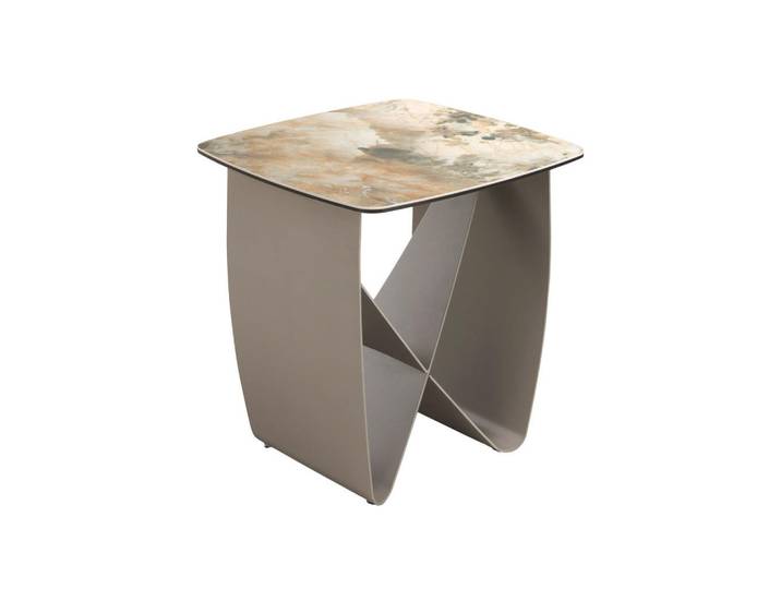 Angel Cerda Quadratischer Beistelltisch aus Porzellanmarmor, Taupe-Metallic, Beige, Mode, Eckteil,Quadratisch,Quadratisch, eckig, 50x50x50 cm, Wohnzimmer, Wohnzimmertische, Beistelltisch
