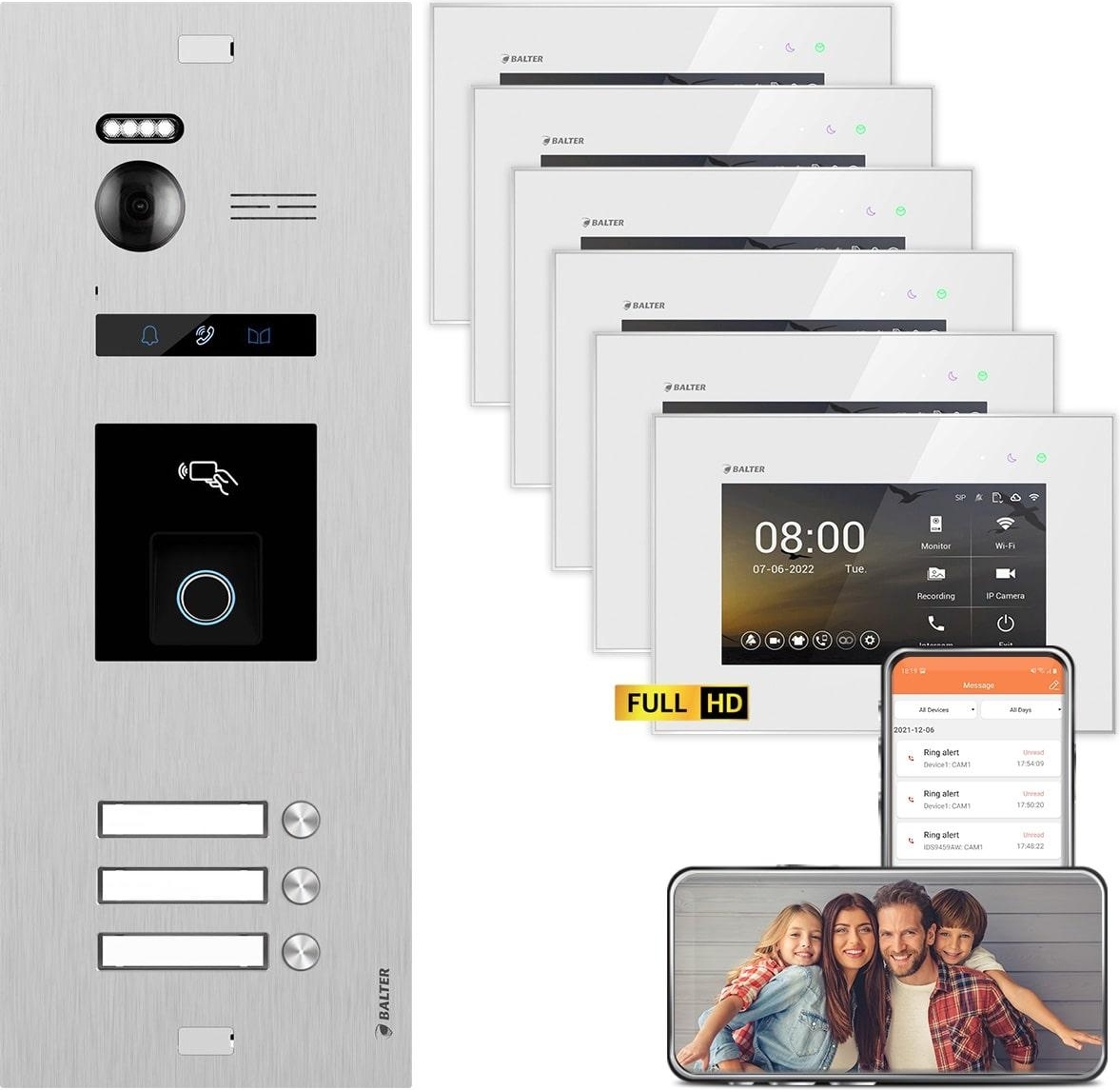 BALTER EVO HD Silber RFID/Fingerprint 3x7" WiFi + 3x7" Weiß Video Türsprechanlage Set 3 FAM
