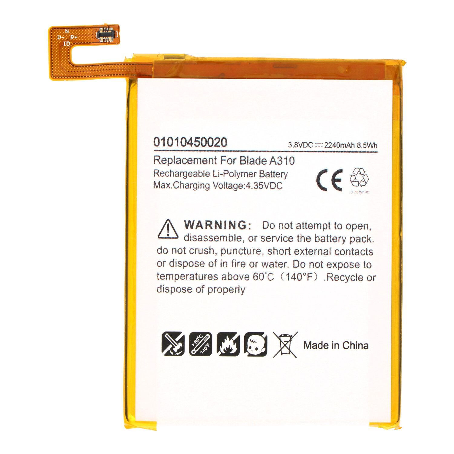 ZTE Blade A310 Accu Li-Polymer 3.8V 2240mAh 8.5Wh ingebouwd