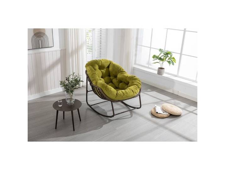 Fauteuil Bascule Rotin Vert Olive 90x106x78cm Coussin Rembourré Confortable Véranda Salon Terrasse Jardin Extérieur