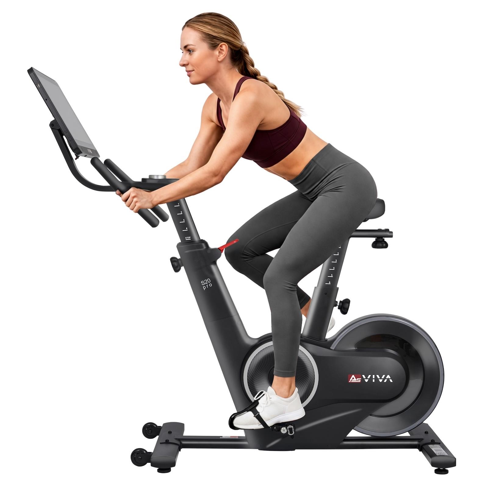 Speedbike AsVIVA S20 Indoor Cycle Heimtrainer mit 20 kg Schwungmasse 32 Stufen Bluetooth 21,5" Touchdisplay leise für Zuhause
