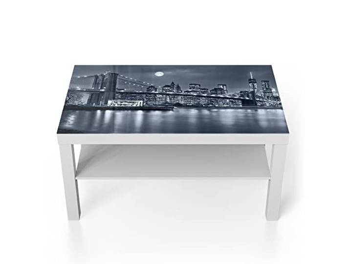 DEQORI Glastisch weiß groß 90x50 cm Motiv Vollmond über New York ausgefallener Beistelltisch aus Glas Hochglanz Couchtisch fürs Wohnzimmer moderner Couch Tisch mit Design