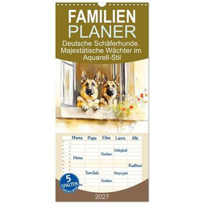 Familienplaner 2027 - Deutsche Schäferhunde. Majestätische Wächter im Aquarell-Stil mit 5 Spalten (Wandkalender, 21 x 45 cm) CALVENDO