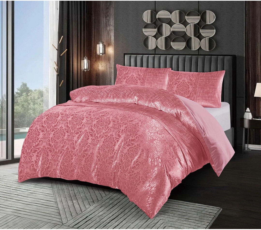 icon bedding Damask Jacquard Duvet Cover 3 Piece Velvet Bedding Set With Matching Pillowcases Pink Super King Duvet Cover + 2 Standard Pillowcases