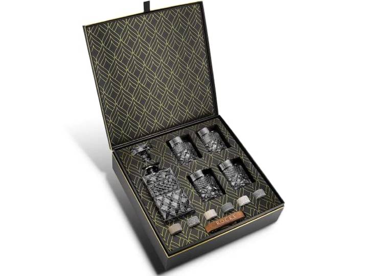 Whisky Geschenkset – 4 Whisky Gläser und Handgefertigte Whisky Steine aus Granit zum Kühlen – Whisky Karaffe aus Glas für Likör- Scotch- und Bourbon-Verkostungen – Geschenkbox mit Goldfolie von Rocks