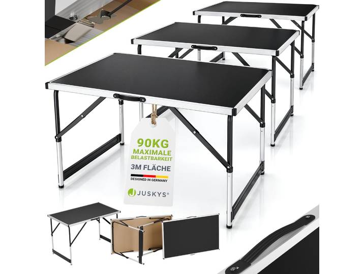 Juskys Multifunktionstisch 3 teilig - klappbar, höhenverstellbar - Alu Klapptisch 100x60 cm - Flohmarkt, Tapeziertisch, Campingtisch - Tisch Schwarz