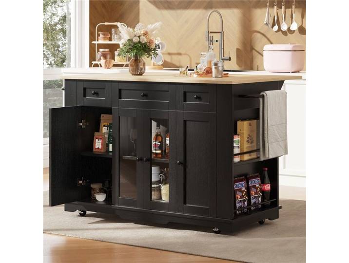 Desserte de Cuisine Mobile-4 Armoires et 3 Tiroirs-Étagères Réglables-Plateau Pliant Extensible-Noir-Organisation Optimale