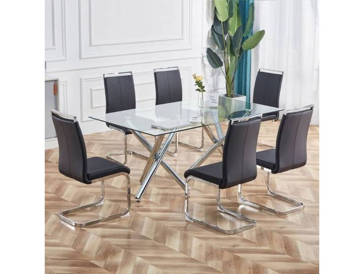 LPOSPI Chaise cantilever - chaise de salle à manger rembourrée avec piètement luge chrome similicuir noir 4 pièces