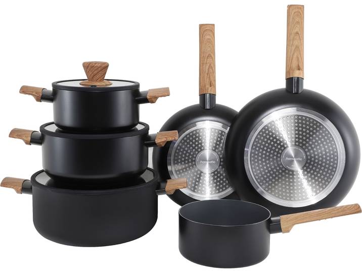 Topf-Set HANSEATIC ALU SCANDI, mit Antihaftbeschichtung , schwarz (schwarz, natur), Töpfe, Topf-Set, für alle Herdarten geeignet