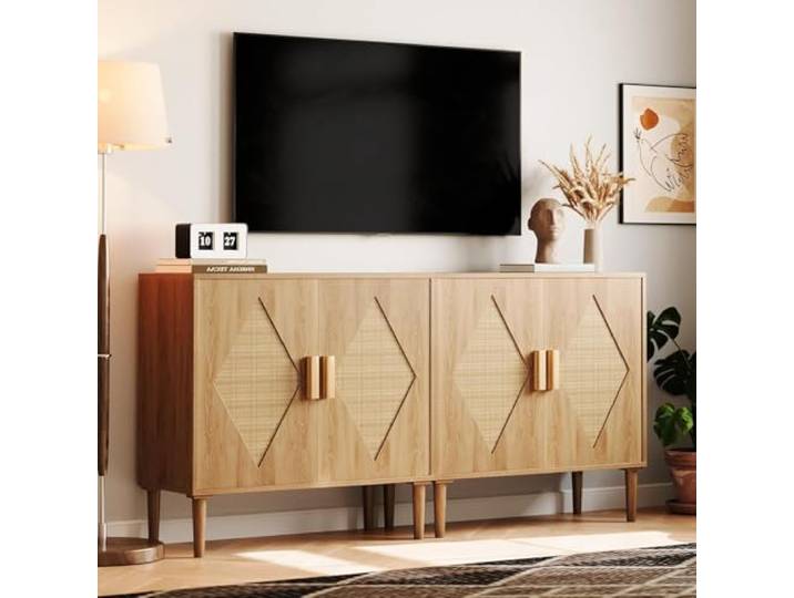 GarveeHome Modern Rattan Accent Cabinets Set of 2 – Adjustable Shelves, Eclectic Style Sideboards – Woven Cane Doors, Sturdy Wood Legs – Versatile Storage for Living Room, Dining Room, Kitchen