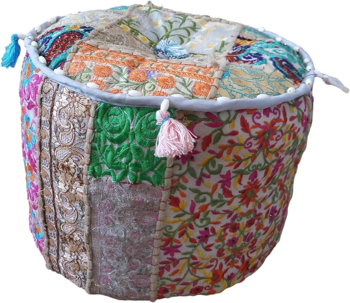 Bohemien Ottomaanse poef in Indiase patchwork stijl - Grijs vloerkussen en voetenbank