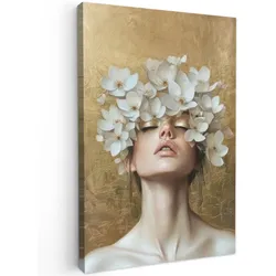 LEINWANDBILD Gesicht - Blumen - Gold - Abstrakt Deko Groß 90x140 cm
