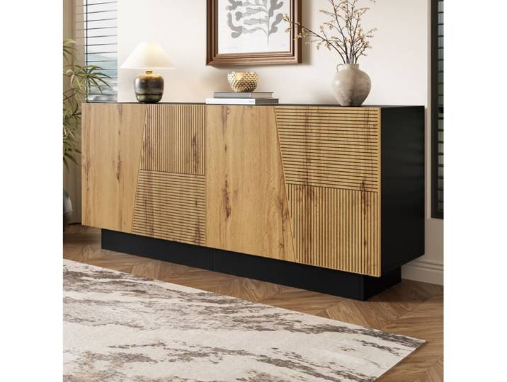 Buffet Bas - 160x40x72 cm - 4 Portes - Étagère Réglable - Couleur Noire et Bois