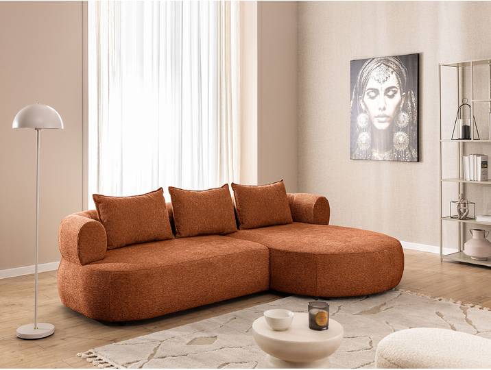 Ecksofa mit Longchair Kupfer Chenille Tomris 256 x 76 x 156cm Longchair davorstehend rechts Glamour