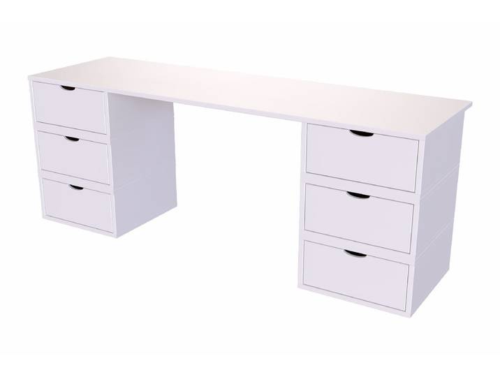 Bureau bois massif long 6 tiroirs cube Blanc