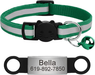 Inspire Picks Personalized Reflective Cat Collar With Engraved ID Nameplate & Bell cgreen 88