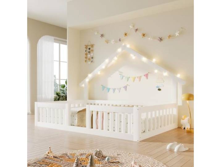 DRLXUN Holzbett Hausbett 90x200 mit LED-Licht & USB & Rausfallschutz, Weiß Multifunktionales Kinderbett Hausbett 90x200 Einzelbett mit LED-Beleuchtung, USB-Anschluss und Rausfallschutz, Ohne Matratze