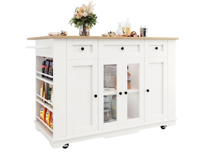 Îlot central de cuisine – Blanc et naturel – Plan de travail rabattable – Verre trempé