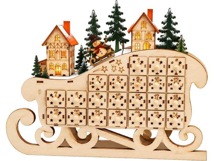 befüllbarer Adventskalender OTTO HOME winterliches Schlittendesign , beige (natur), B:45cm H:32cm T:10cm, Holzwerkstoff, Adventskalender, befüllbarer Adventskalender, Mit warmer Beleuchtung und 6h-Timer, gratis Anhänger, Höhe 32 cm