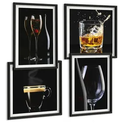 BILDER SET 4er Set - 50x50 cm & 40x60 cm Schwarzer Rahmen - Whisky, Wein, Champagner, Kaffee, Alkohol