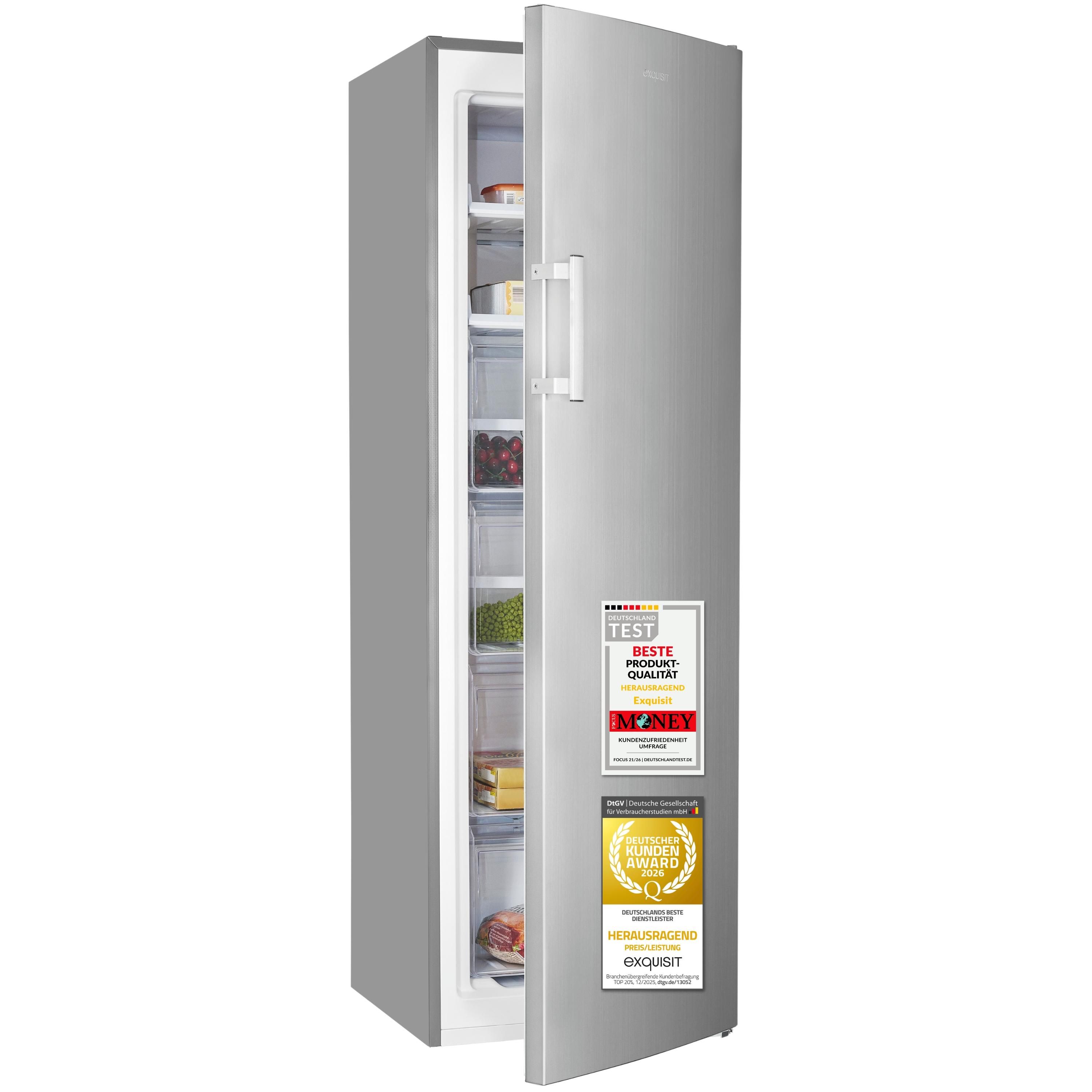 Exquisit Gefrierschrank 204 l No Frost | Energieklasse C | Schnellgefrieren | digitale Temperaturanzeige | leise 39 dB | GS5271-NF-H-040C inoxlook