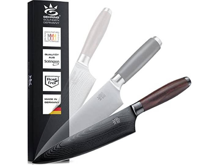 SOLINGEN DELUXE MYII Kochmesser/Damastmesser Scharfes Profi Küchenmesser, made in Germany & eisgehärtet Damaststahl VG10 mit DLC-Beschichtung + ergonomischem Nussbaum - Holzgriff