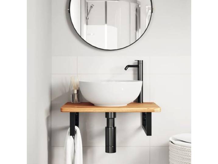 KTHLBRH Wandablage für Waschbecken, aus Eichenholz, 60 x 40 cm Massivholz, schwarze Halterung, Halterung 100 kg, flexible Montage, 2 Halterungen