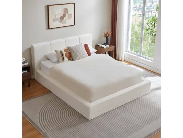 Bellemave Polsterbett 140x200 cm, Stahlrahmen, Doppelbett, cremeweiß Bettgestell mit gepolstertem Kopfteil, umweltfreundliches Material, hohe Stabilität, ohne Boxspring, Ohne Matratze