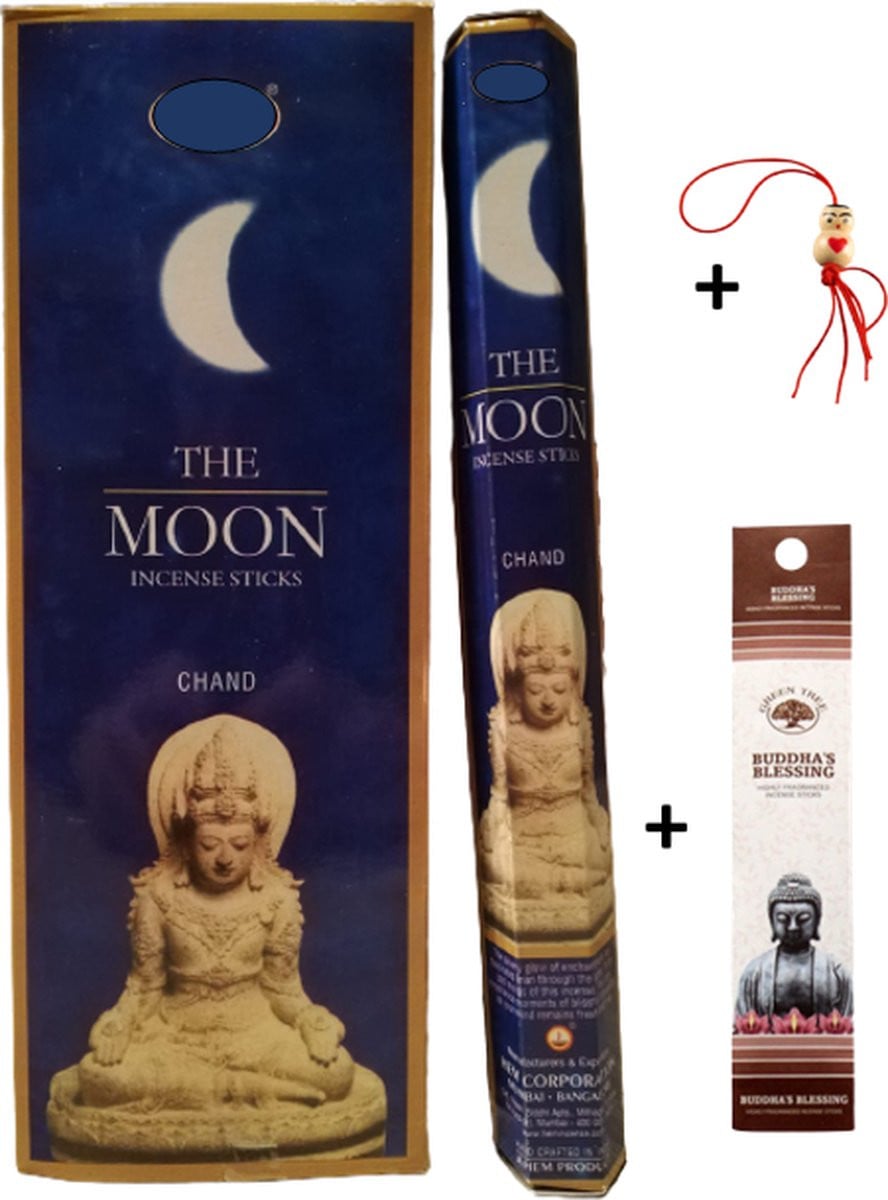 The Moon Wierookset met 120 wierookstokjes, 5 mini wierookstokjes en een gelukspoppetje