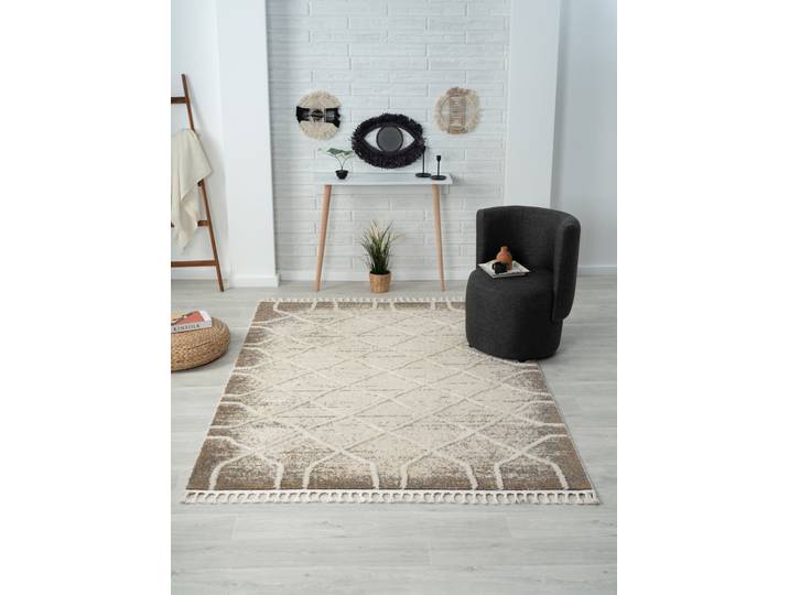 Teppich Enya 1, LAGERRÄUMUNG , beige (hellbeige, hellgrau), B:160cm H:15mm L:230cm, Polyester, MYFLAIR MÖBEL & ACCESSOIRES, Teppiche, Teppich, Shaggy im Skandi Look, Hoch-Tief Effekt, leicht glänzend