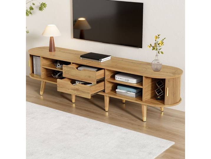 Meuble TV bois clair 175x38x45 cm avec portes coulissantes rangement et passe-cables