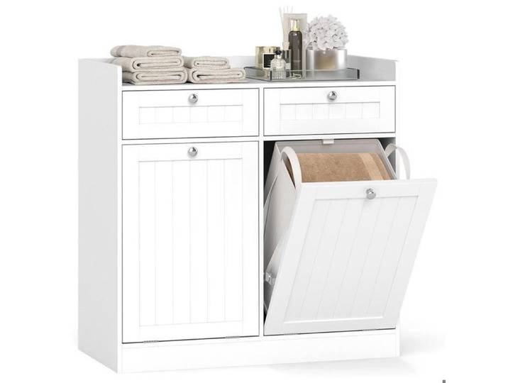 Gain de place meuble à linge basculant avec rangement supérieur sac amovible et panier caché pour linge sale