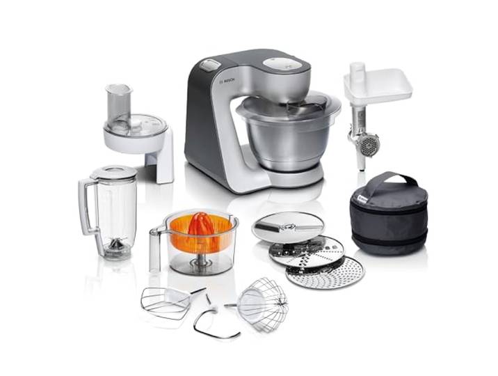 Bosch Küchenmaschine Serie 4, Schüssel 3,9 L spülmaschinenfest, Mixer 1,25 L, Fleischwolf, Zitruspresse, Knethaken, Rührbesen, Durchlaufschnitzler, 3 Scheiben, 900 W, Anthrazit/Silber, MUM56340