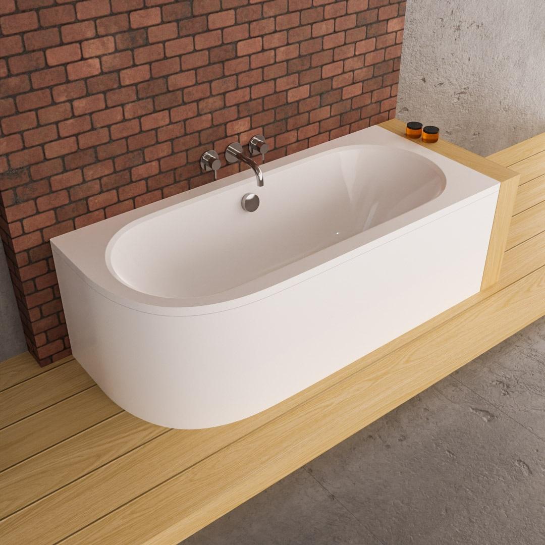 ECOLAM Badewanne 180x80 RECHTS Avita Eckbadewanne mit Schürze | Acrylwanne Mittelablauf für ZWEI + Schürze Füße Silikon Ablaufgarnitur Komplettset