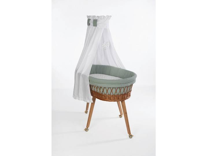 Mionido Stubenwagen-Komplettset Babybett Lounge natur, Weiß, Buche, Waldgrün, Holz, 5-teilig, Buche, Höhe ca. 5 cm, Füllung: Hohlfaser, 60x167x100 cm, Bezug abnehmbar/waschbar, atmungsaktiv, Babymöbel, Babybetten, Stubenwagen & Babywiegen, Stubenwagen