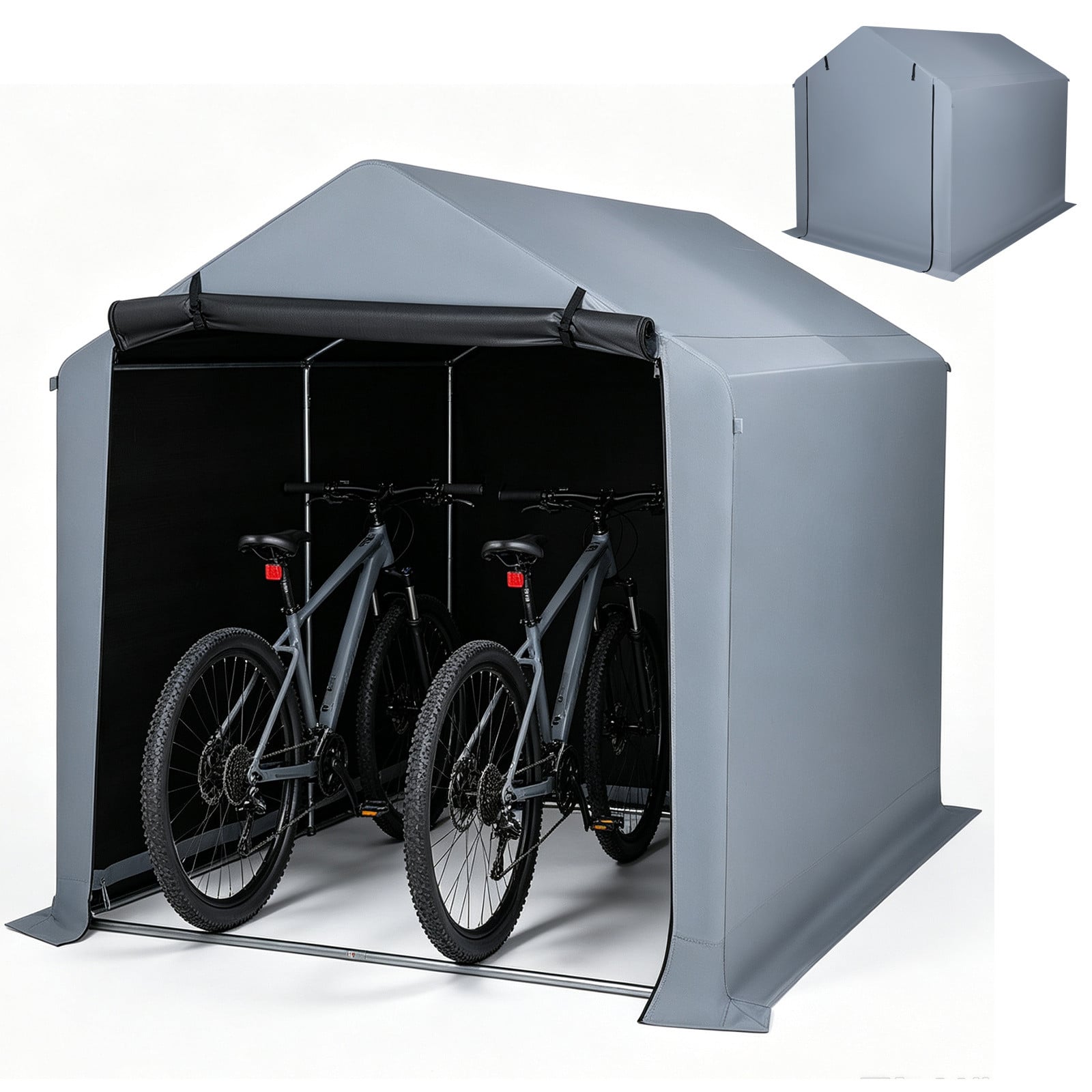 Costway Waterdichte Fietsenberging Tuinschuur met Oprolbare Ritssluitingdeur en Metalen Frame voor Fietsen, Tuinmeubelen en Gereedschap, Zilver