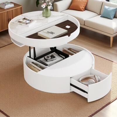 Modern Round Coffee Table with Hydraulic Lift-Top and Hidden Storage by Harper&Bright Designs - White