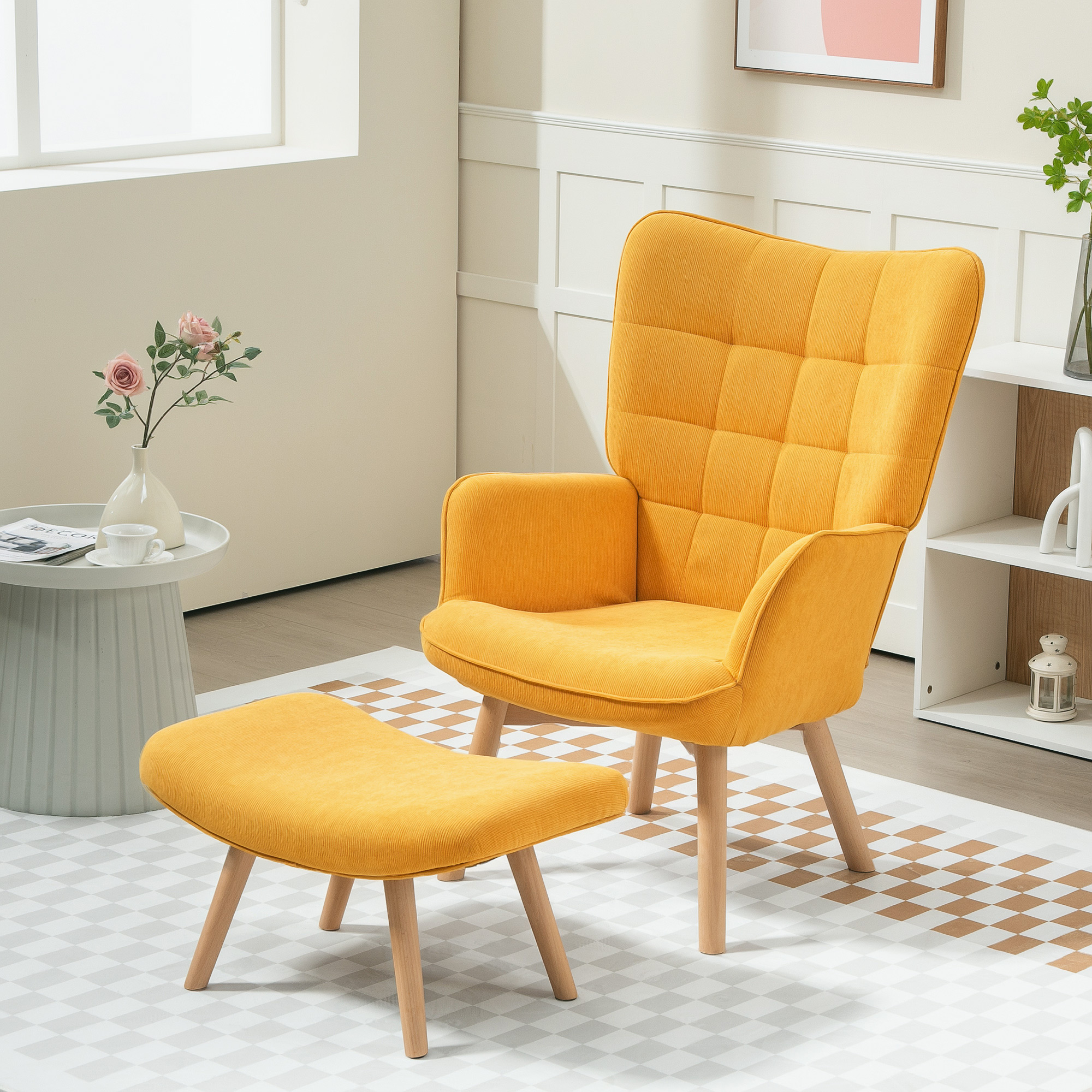 Homcom Poltrona di Design con Pouf, Poltrona Relax in Corda, Poltroncina con Braccioli in Legno, per Soggiorno, Arancione