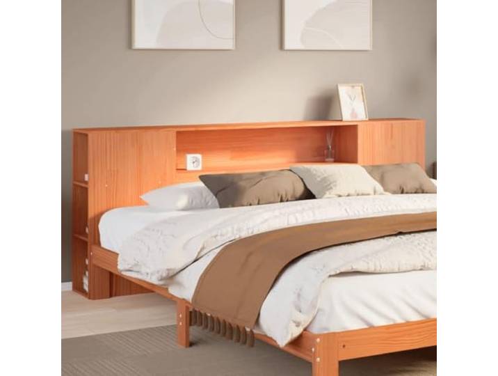 Bett Kopfteil mit Einlegeböden, Kiefer massiv, wachsbraun, 200 cm, freistehend, 7 Fächer