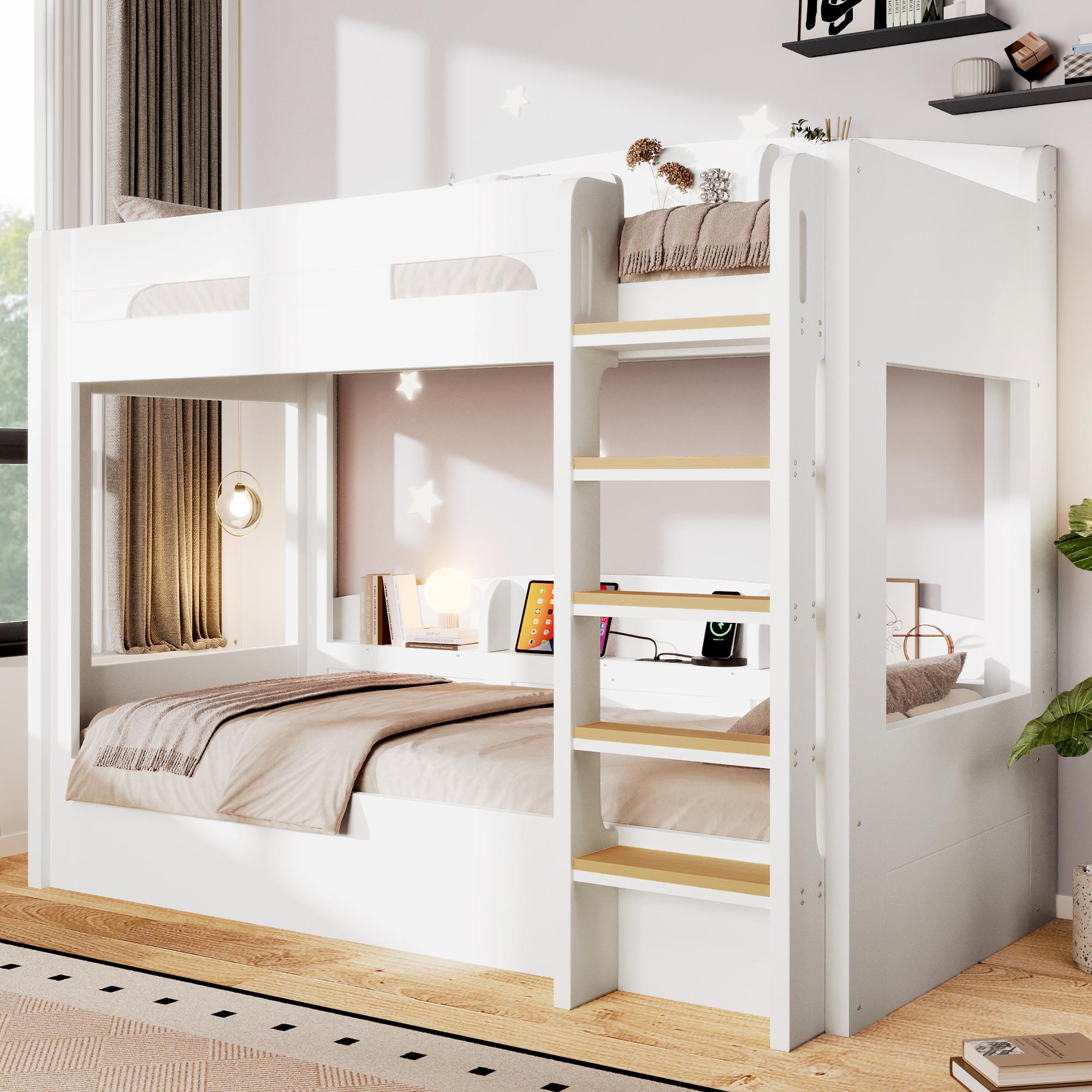 MODFU Hochbett 90x200 mit USB-Steckdose,Etagenbett Jugendbett mit Ablagefächer,modernes Kinderbett aus Holz,ohne Matratze,Weiß