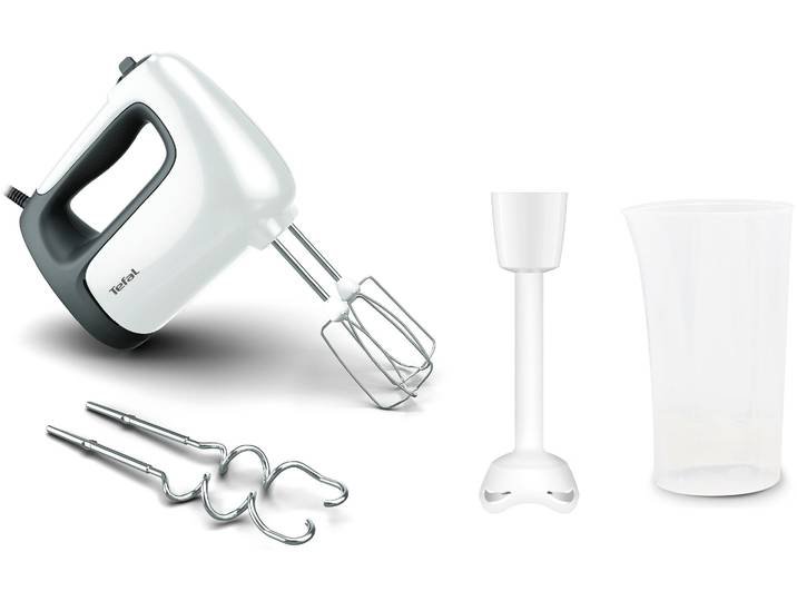 TEFAL Handmixer Prep'Mix+ , weiß, B:9cm H:15cm T:20,5cm, Mixer, Turbo-Funktion, 2 Rührbesen, 2 Knethaken, Pürierstab-Aufsatz, HT4611, Handmixer