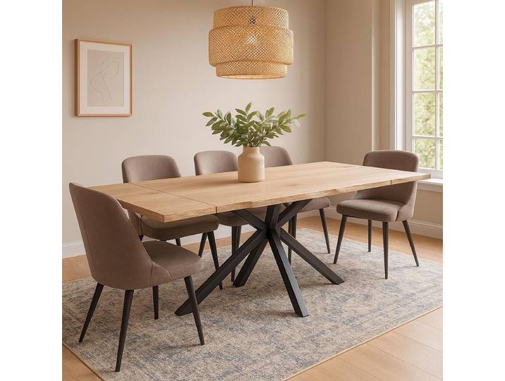 Esstisch Wildeiche White Wash 160x90cm Baumkante mit 2 Ansteckplatten, Spider-Fuß