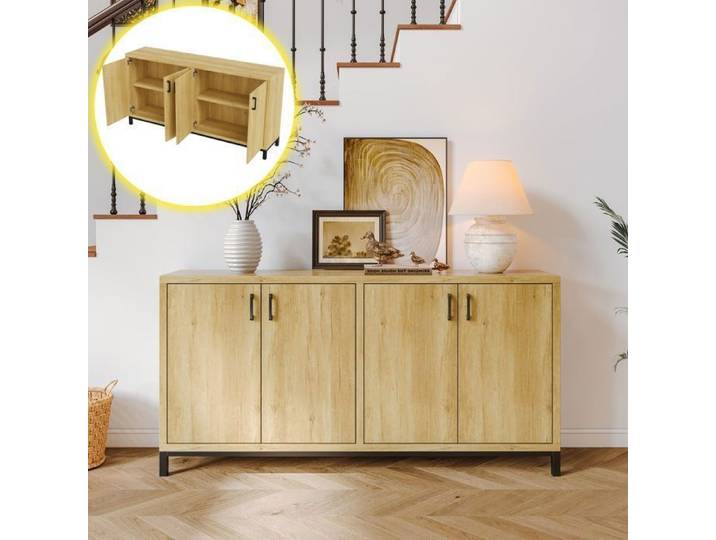 Buffet de cuisine - buffet moderne avec étagères - armoire de rangement classique avec 4 portes - couleur bois naturel - 160x35x80
