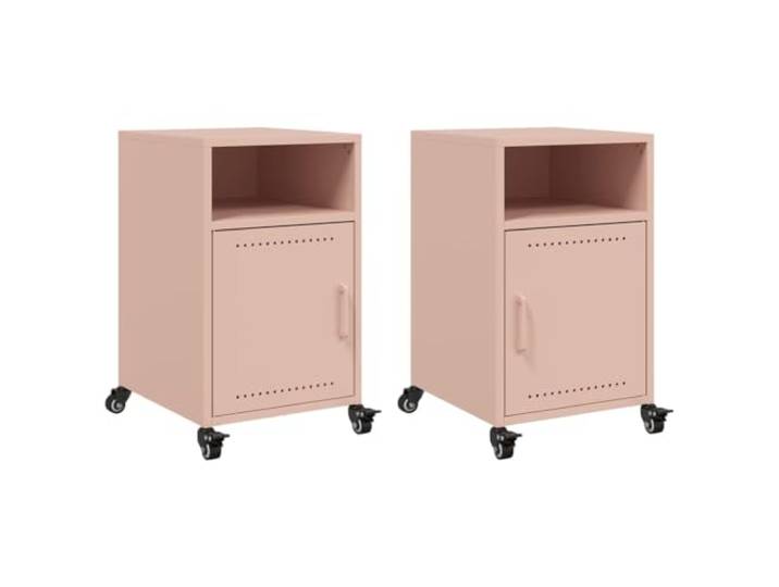 Coespram Nachttisch 2er Set Rosa 36x39x59 cm Stahl Beistelltisch Mobiles 2-Fächer Design auf 4 Rollen für flexibles Umstellen im Schlafzimmer und Wohnbereich.